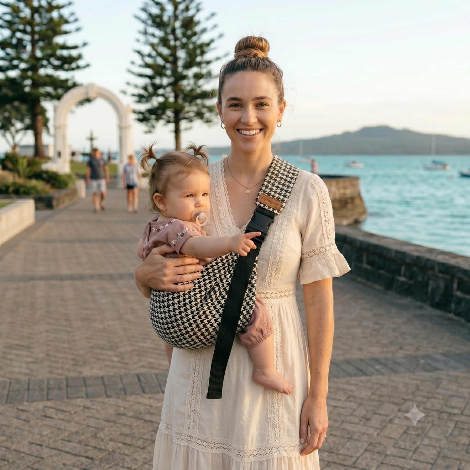 Mom and toddler using sling carrier in the city by the sea