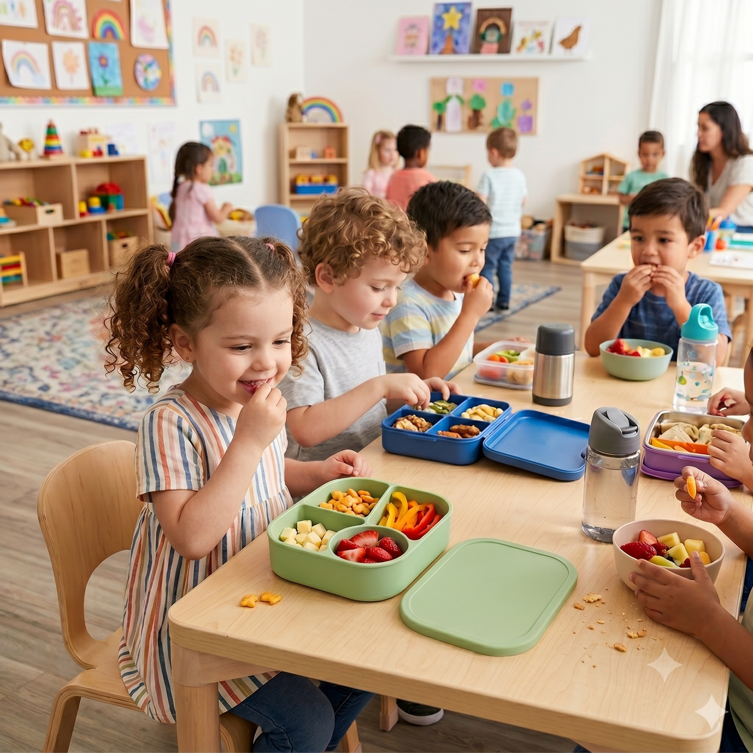 Kids at kindergarten having morning tea with lunch boxes