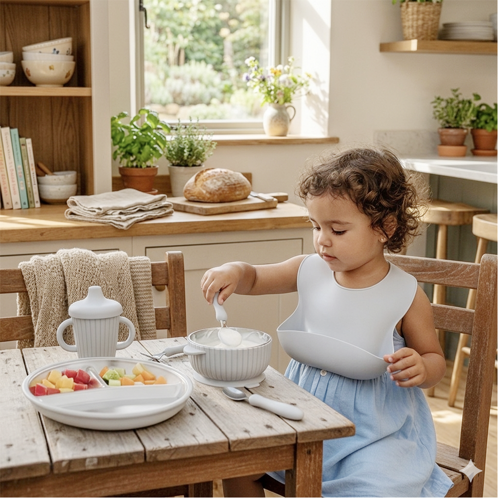 Toddler at home in the kitchen eating morning tea using feeding set