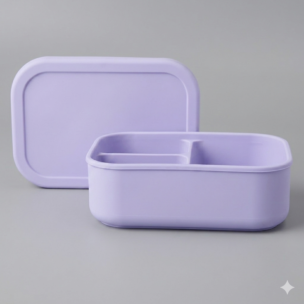 Aesthetic pastel lilac purple bento lunch box NZ, medium 3-compartment leakproof silicone lunchbox for daycare and school, bird's-eye view flat lay on bright neutral gray background.