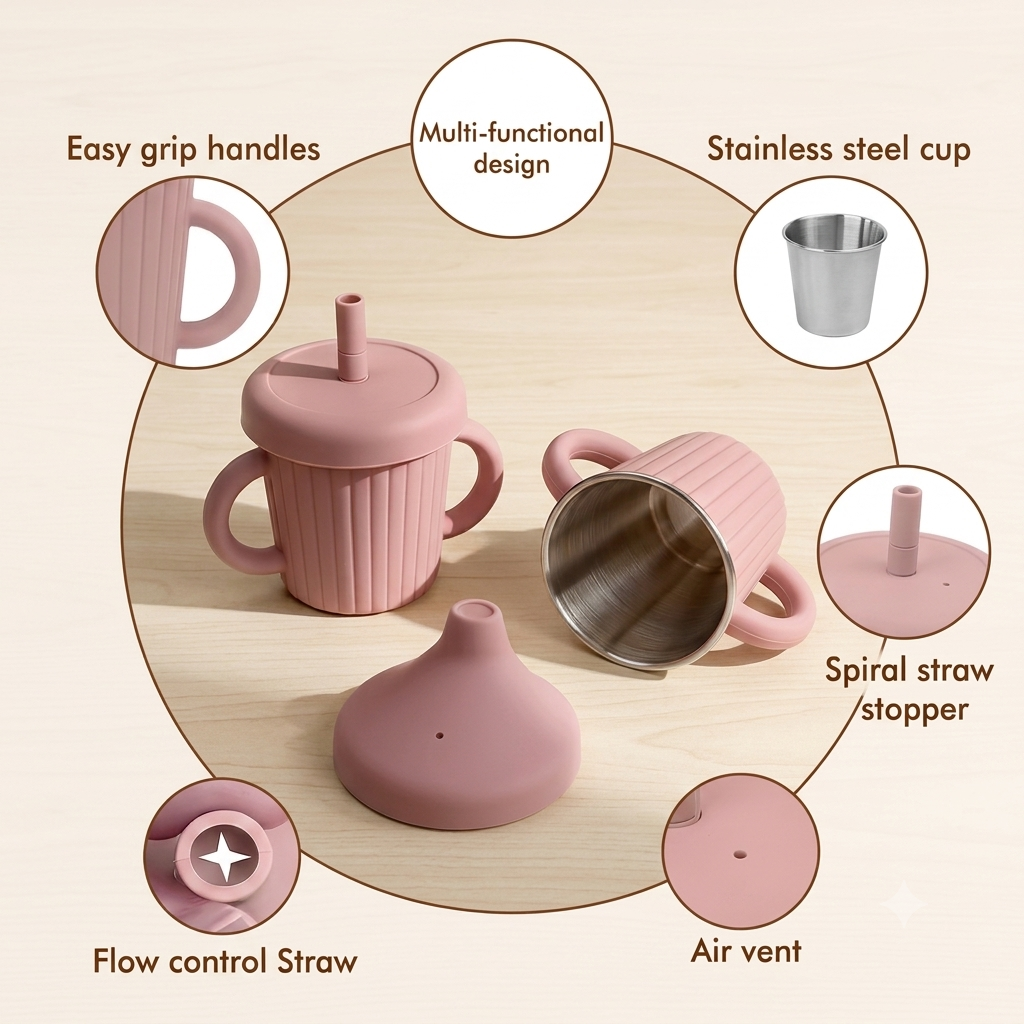 Pink sippy cup with features highlighted on a light gray background in NZ