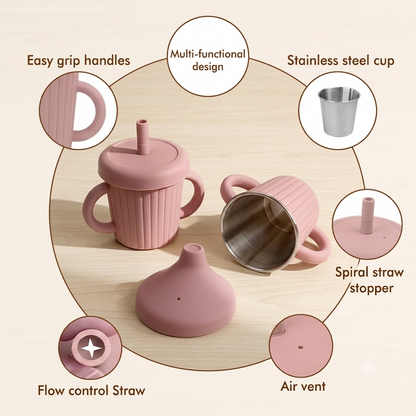 Pink sippy cup with features highlighted on a light gray background in NZ