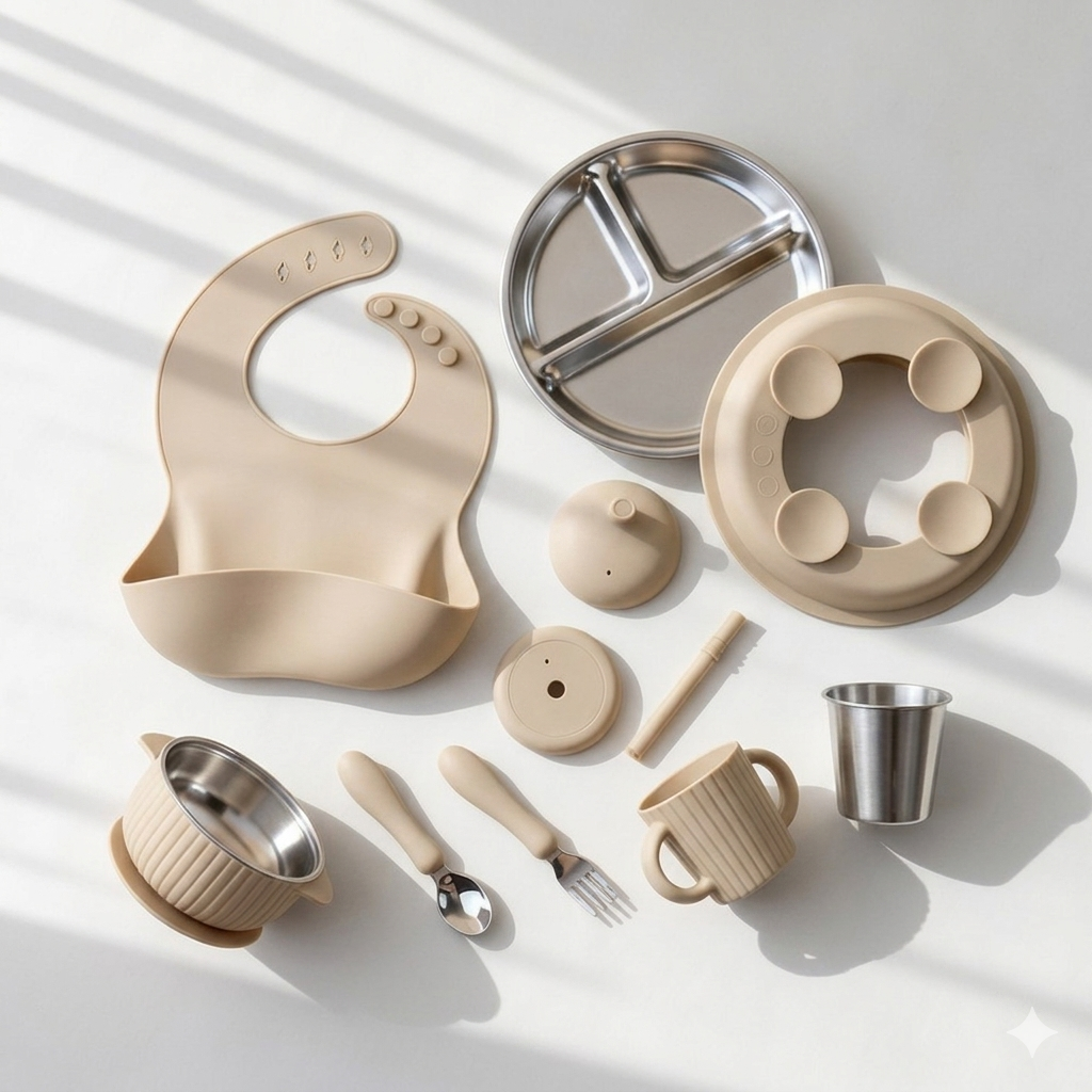 Complete toddler stainless steel and baby feeding set with suction plate and bib