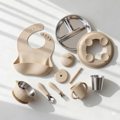 Complete toddler stainless steel and baby feeding set with suction plate and bib