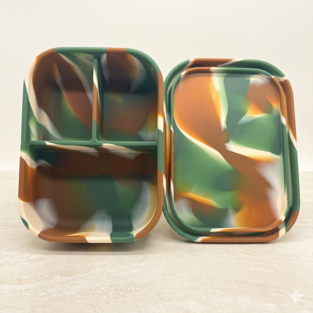 Durable Earth and Moss Camo bento box New Zealand, medium 3-compartment food grade silicone lunchbox in forest green chocolate brown cream marble pattern.