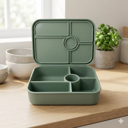 Green bento box on a wooden table with bowls and plants in the background