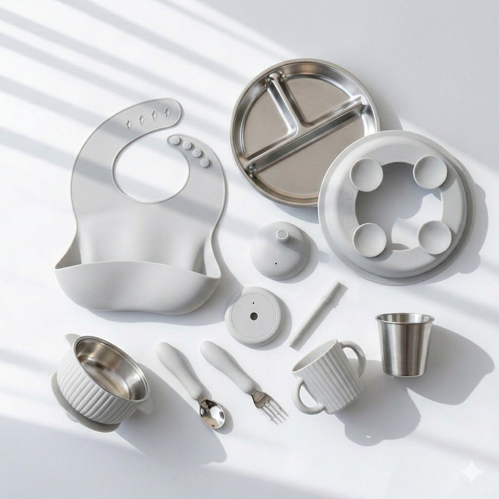 Collection of baby utensils and feeding items with stainless steel and silicone suction