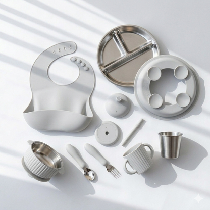 Collection of baby utensils and feeding items with stainless steel and silicone suction