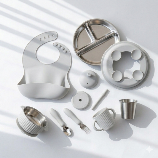 Collection of baby utensils and feeding items with stainless steel and silicone suction