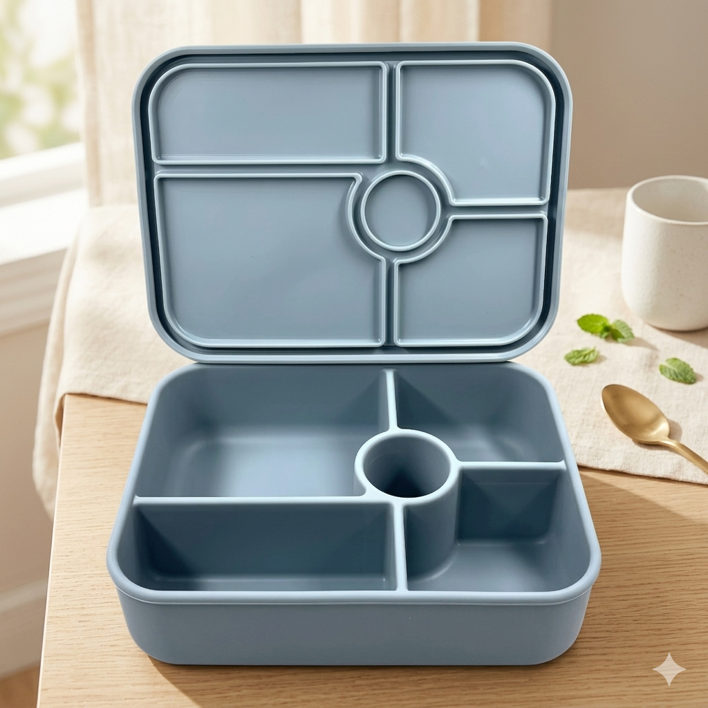 Blue bento box with compartments on a wooden table
