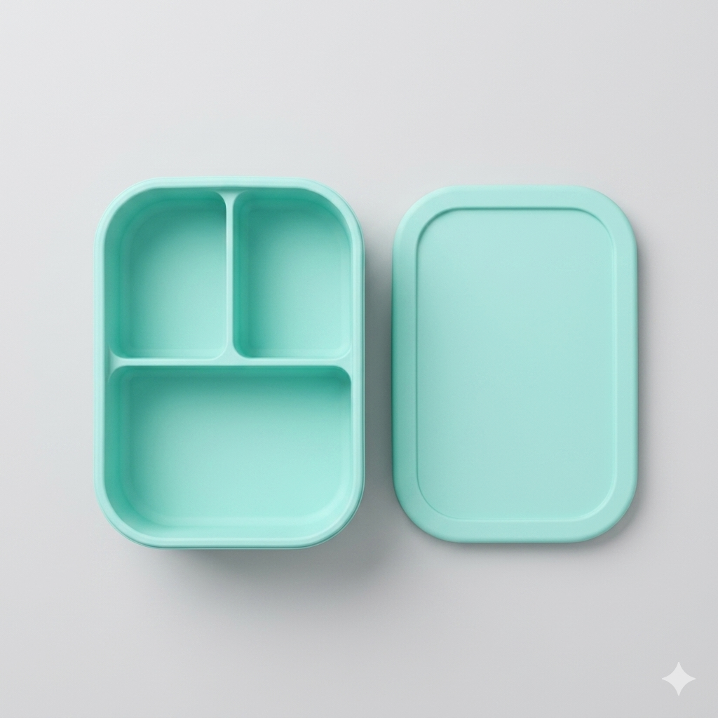 Eco friendly mint green silicone bento box NZ, medium 3-compartment kids snack and school lunch box with open lid, premium bird's-eye view flat lay on bright neutral gray background.