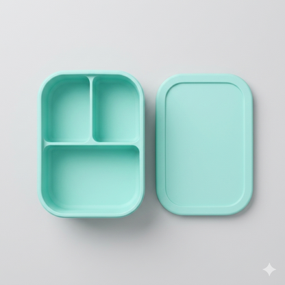 Eco friendly mint green silicone bento box NZ, medium 3-compartment kids snack and school lunch box with open lid, premium bird's-eye view flat lay on bright neutral gray background.