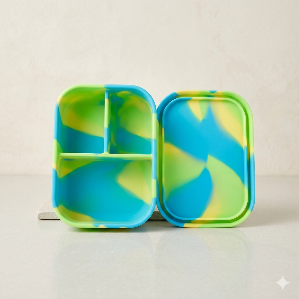 Bright Blue-Green Splash silicone bento lunch box NZ, 3-compartment non toxic kids snack container in vibrant tropical turquoise lime yellow marble swirl.