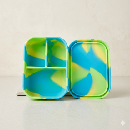 Bright Blue-Green Splash silicone bento lunch box NZ, 3-compartment non toxic kids snack container in vibrant tropical turquoise lime yellow marble swirl.