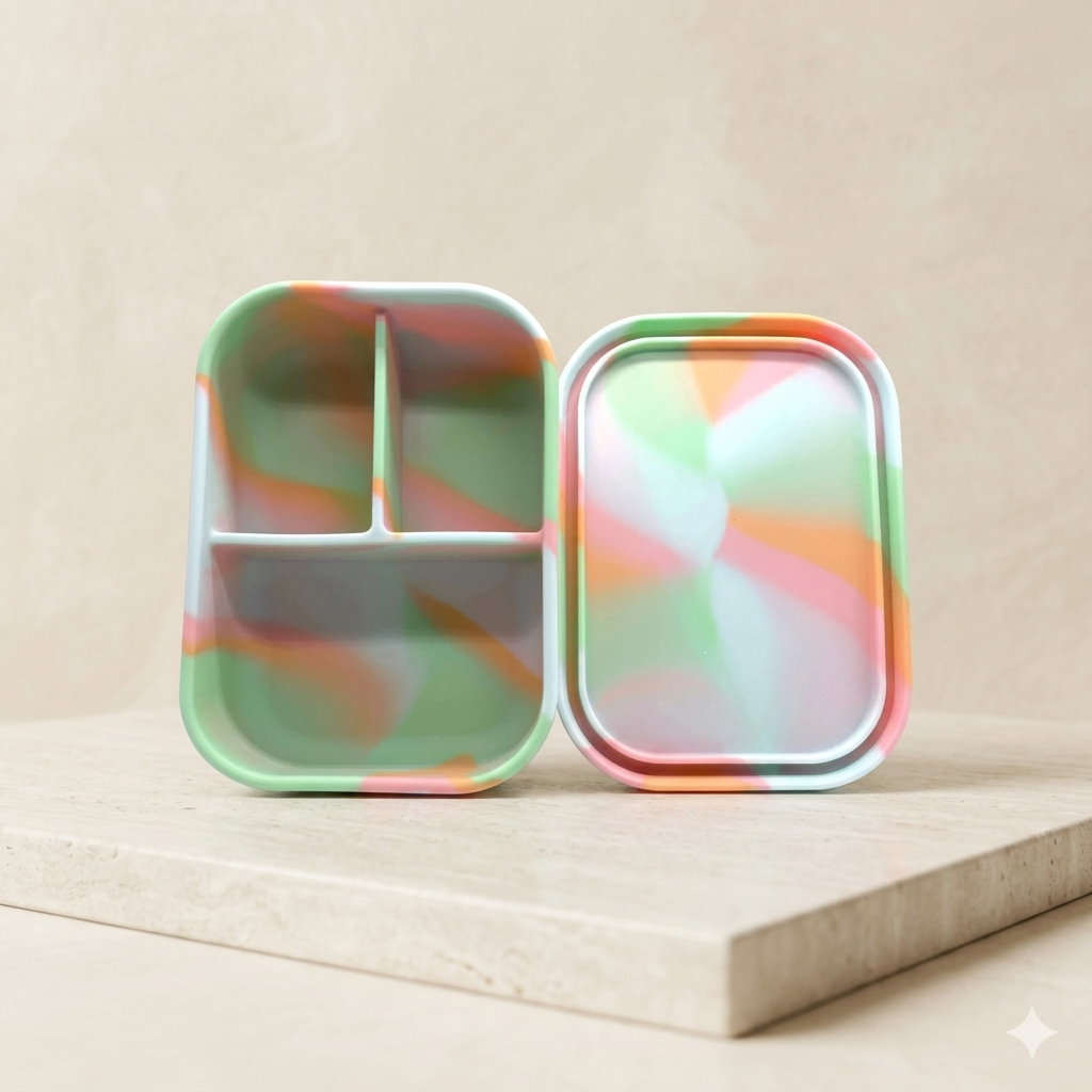 Aesthetic Pastel Sorbet silicone lunch box NZ, eco friendly 3-compartment kids school and daycare lunchbox in soft mint green peach pink marble swirl design.
