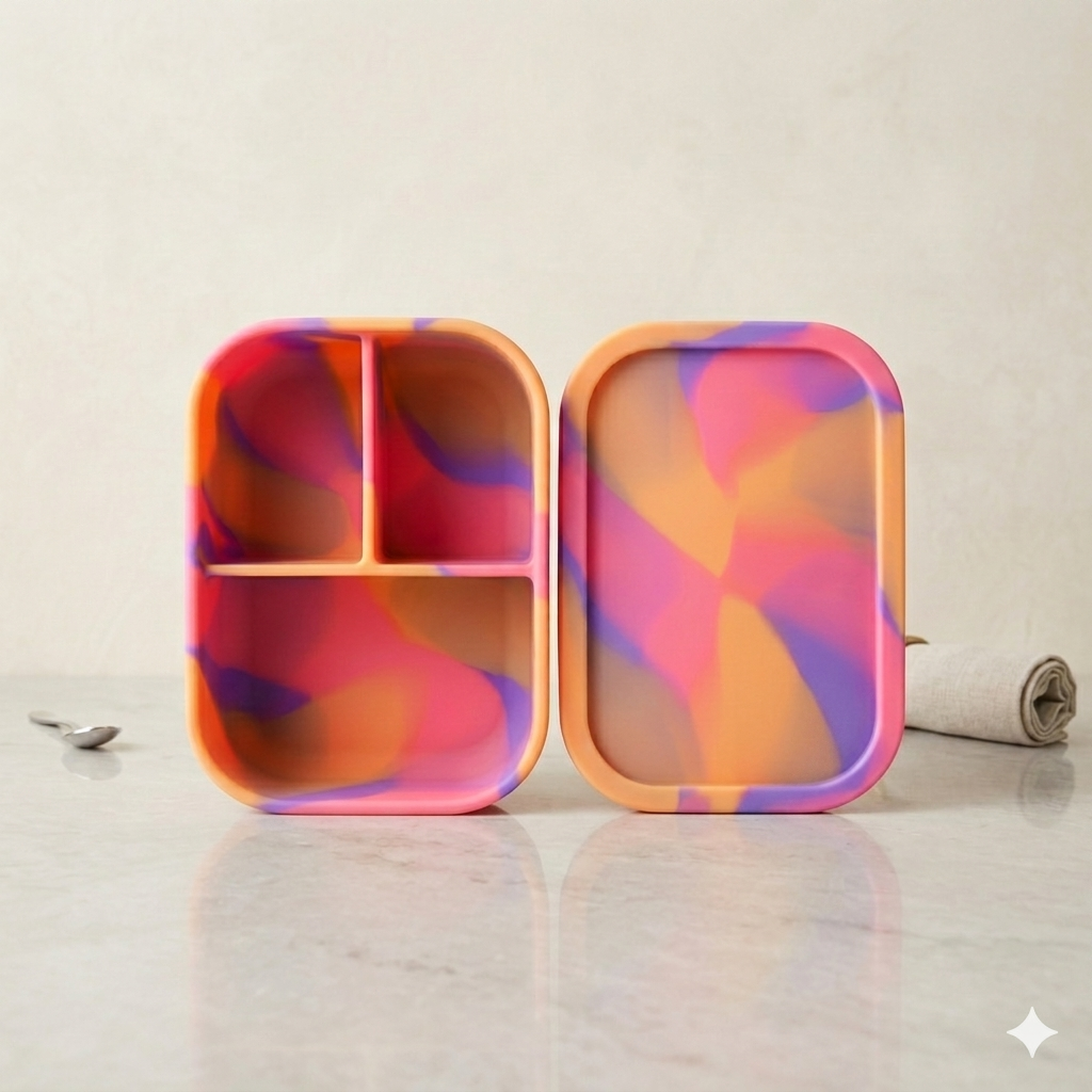 Premium Neon Sunset silicone bento box NZ, 3-compartment leakproof toddler lunch box in vibrant pink orange purple marble swirl pattern, professional studio product shot.