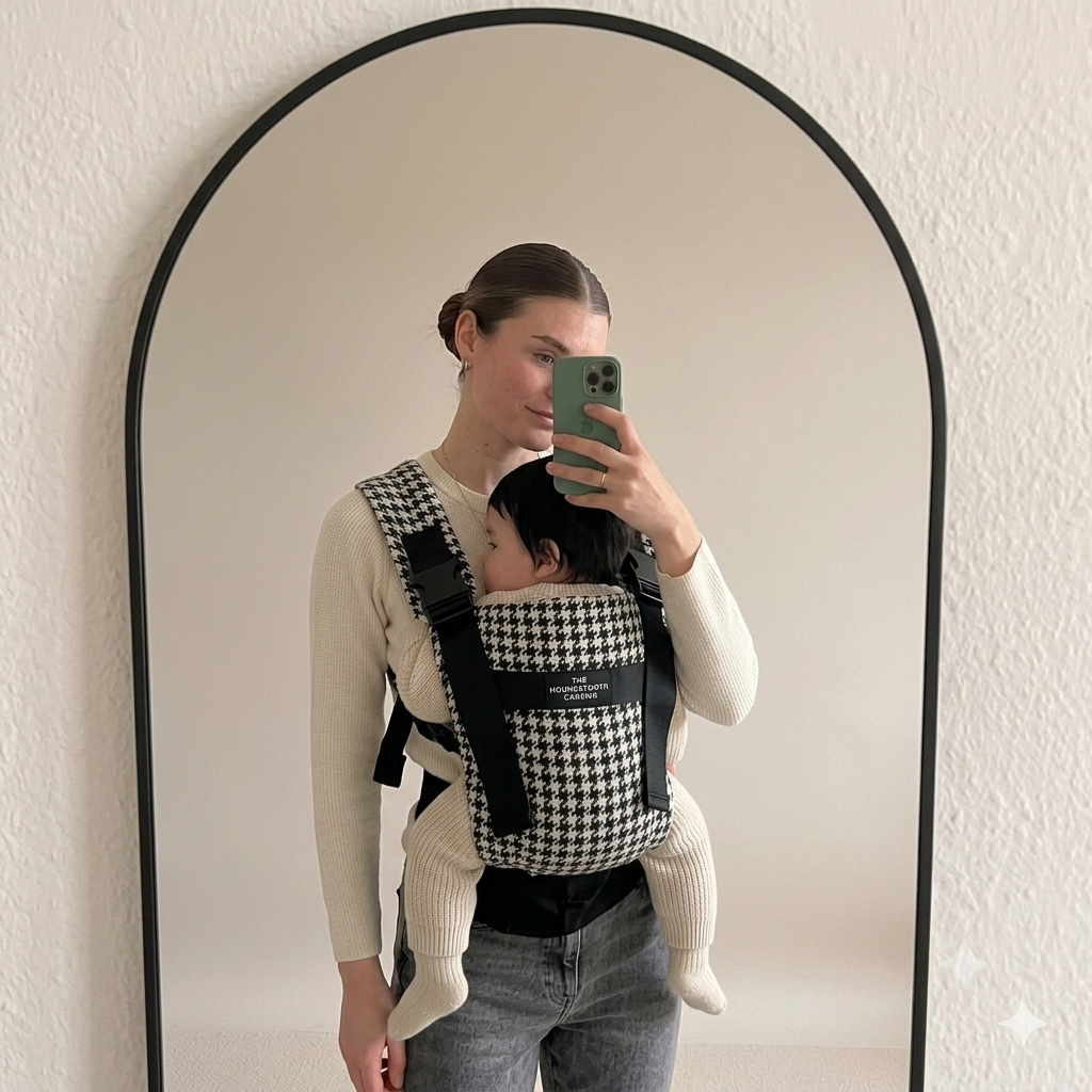Houndstooth black and white toddler sling carrier for mums in New Zealand help with back pain