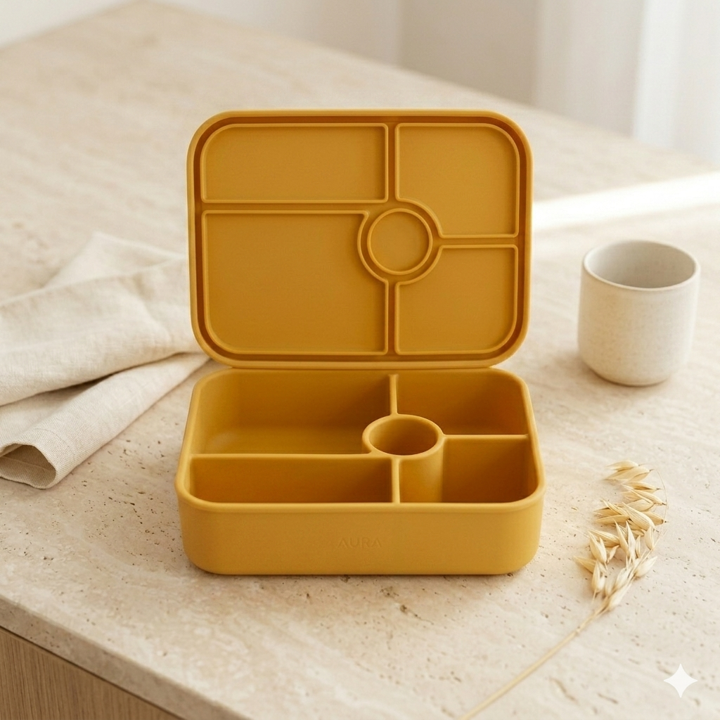 Yellow bento box on a light wooden surface with a white mug and beige towel in the background.