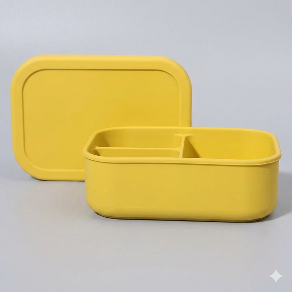 Modern warm mustard yellow bento lunch box NZ, medium 3-compartment food grade silicone lunchbox for toddlers and kids, bird's-eye view flat lay on bright neutral gray background.