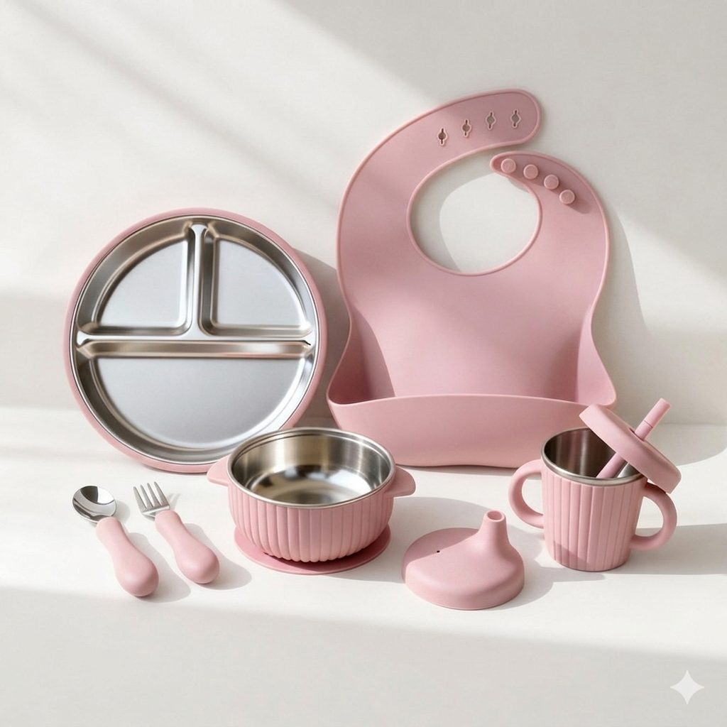 Complete 6-piece pink stainless steel baby feeding set with suction plate and bib