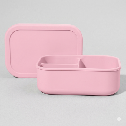 Durable rose pink silicone bento box NZ, medium 3-compartment leakproof daycare and school lunchbox with open lid, aesthetic bird's-eye view flat lay on bright neutral gray background.