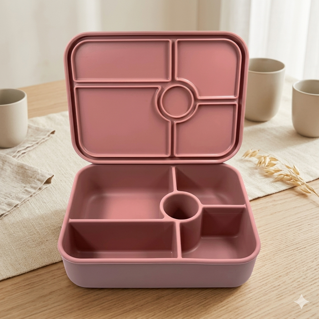 Pink bento box with compartments on a wooden table