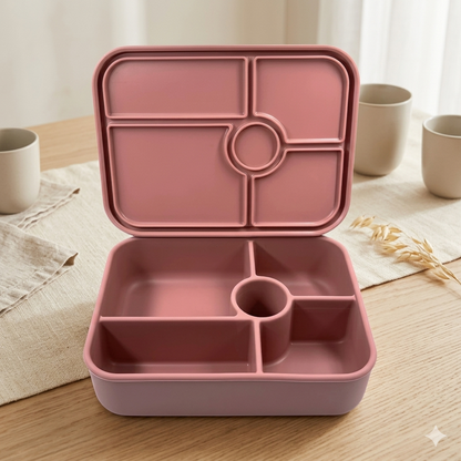 Pink bento box with compartments on a wooden table