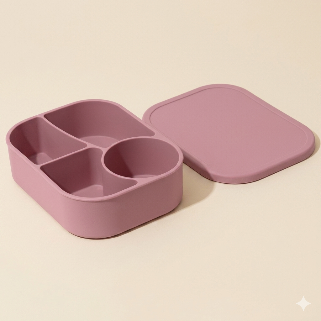 Rich Damson deep plum multi-compartment silicone bento lunch box, professional studio shot showing durable food-grade material.