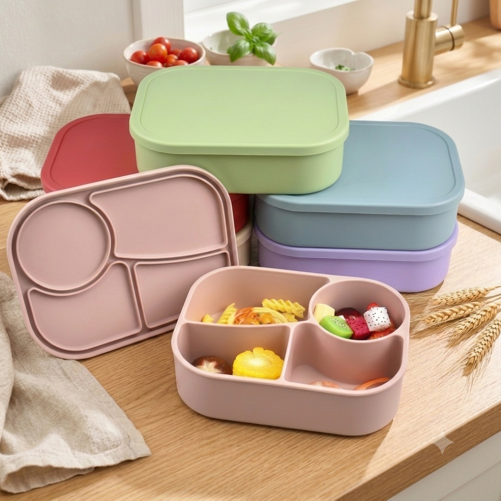 four compartment premium silicone bento lunch box with an open leakproof lid showing multi-compartment food divisions.