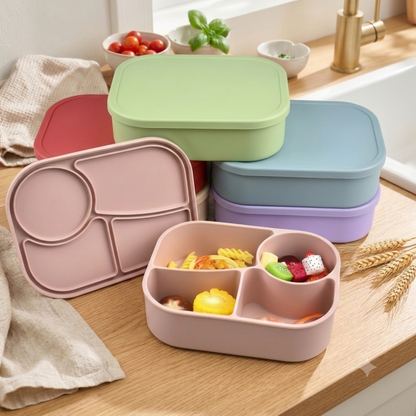 four compartment premium silicone bento lunch box with an open leakproof lid showing multi-compartment food divisions.