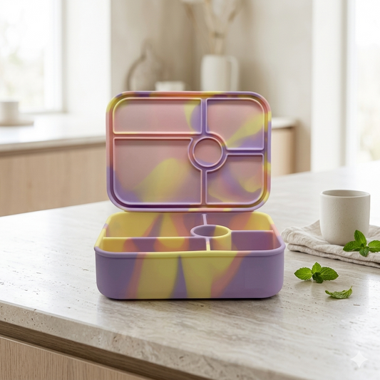Tie-dye patterned food container on a kitchen counter with a cup and mint leaves.