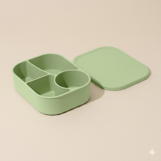 Sage Fern green premium silicone bento lunch box with an open leakproof lid showing multi-compartment food divisions.