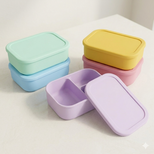 Flat lay overview of five medium 3-compartment silicone bento lunch boxes in mint, mustard yellow, baby blue, rose pink, and pastel lilac with matching open lids on a bright neutral studio background.