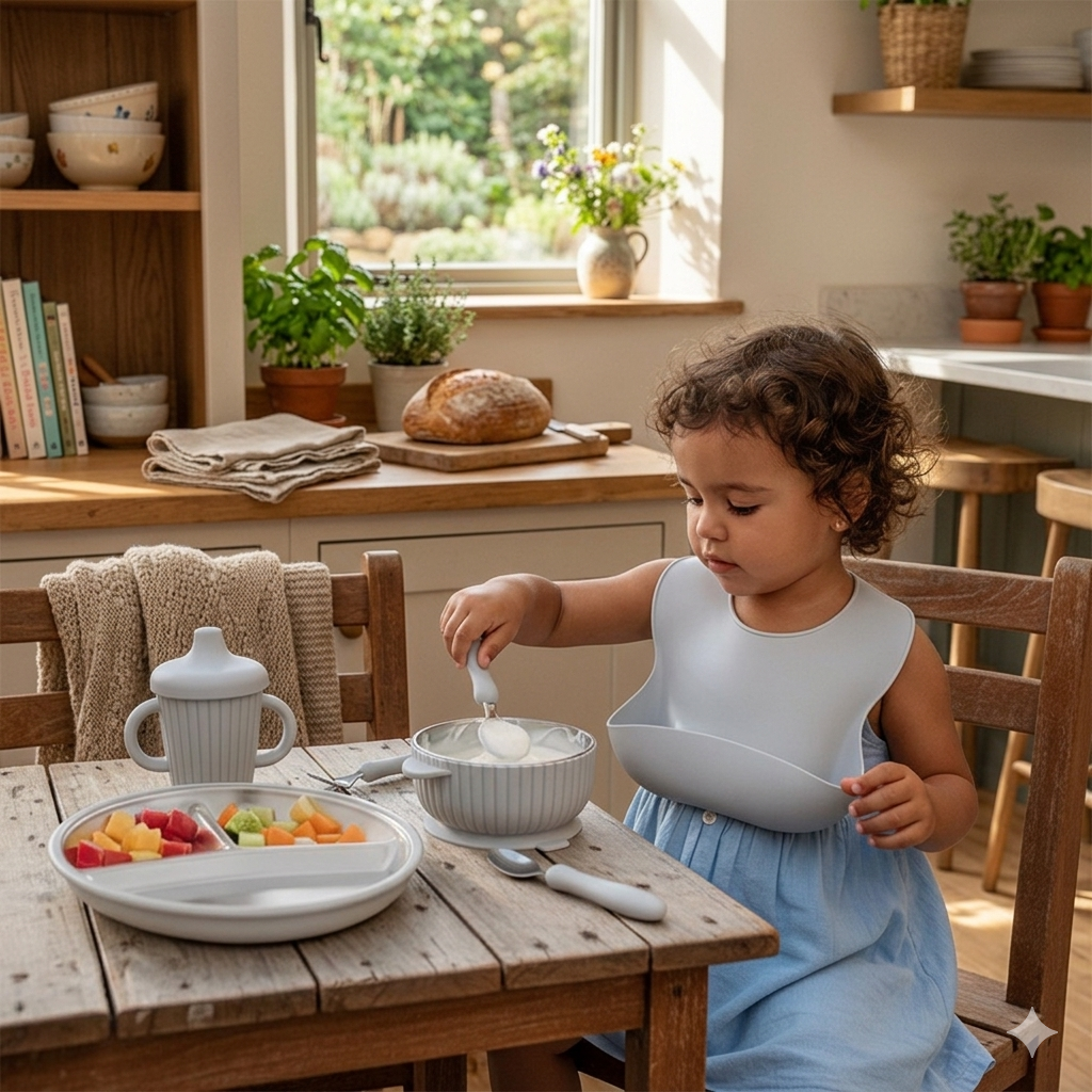 Child in a kitchen eating from a suction bowl with a stainless steel and silicone plate on a wooden table.